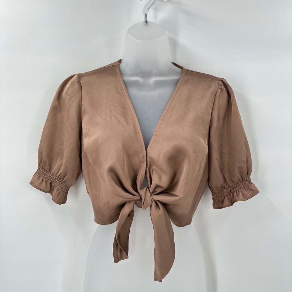Abercrombie & Fitch Satin Tie Front Puff Sleeve Crop Top XS Brown Coquette Y2K *